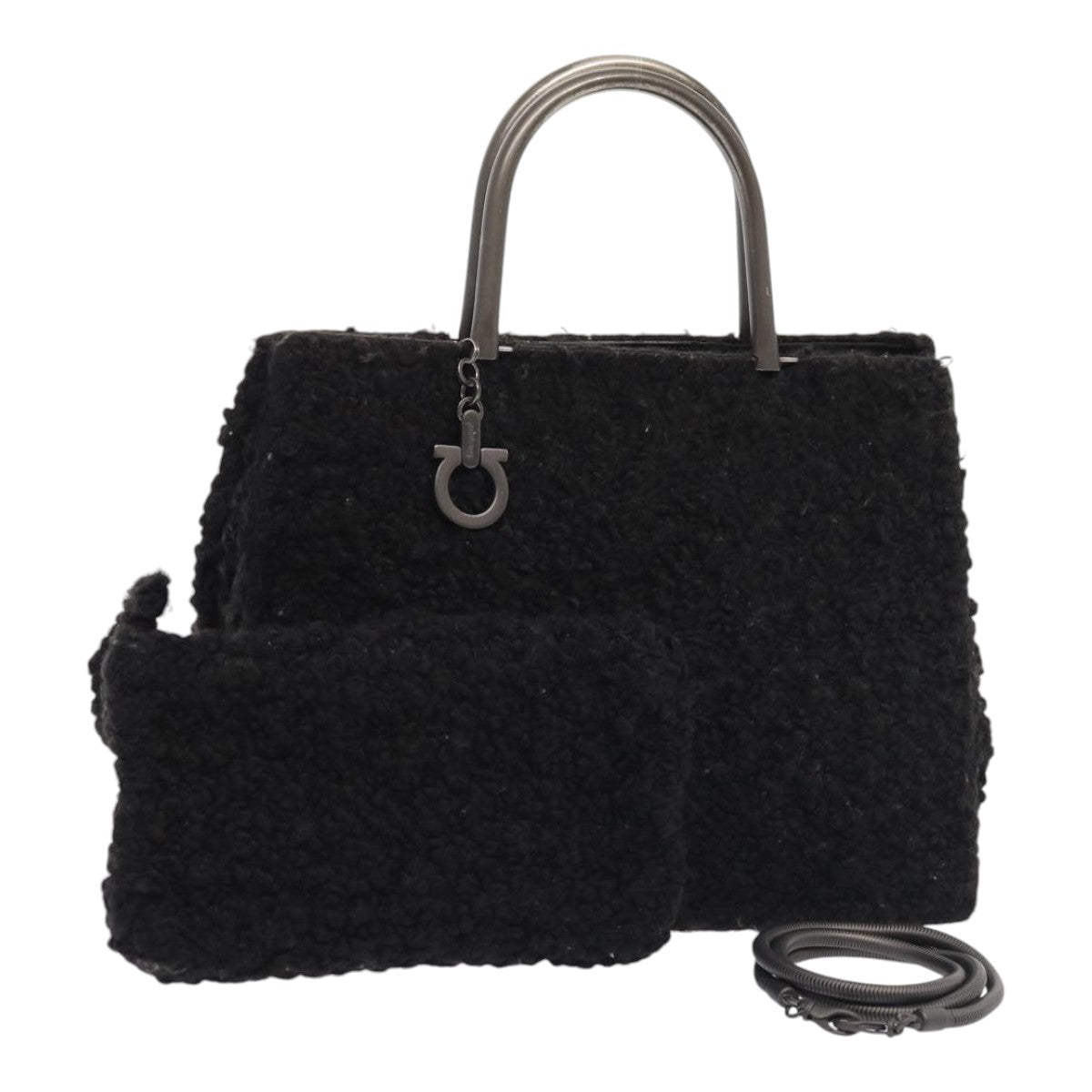 Salvatore Ferragamo Gancini Hand Bag Mouton 2way Black Auth 87661