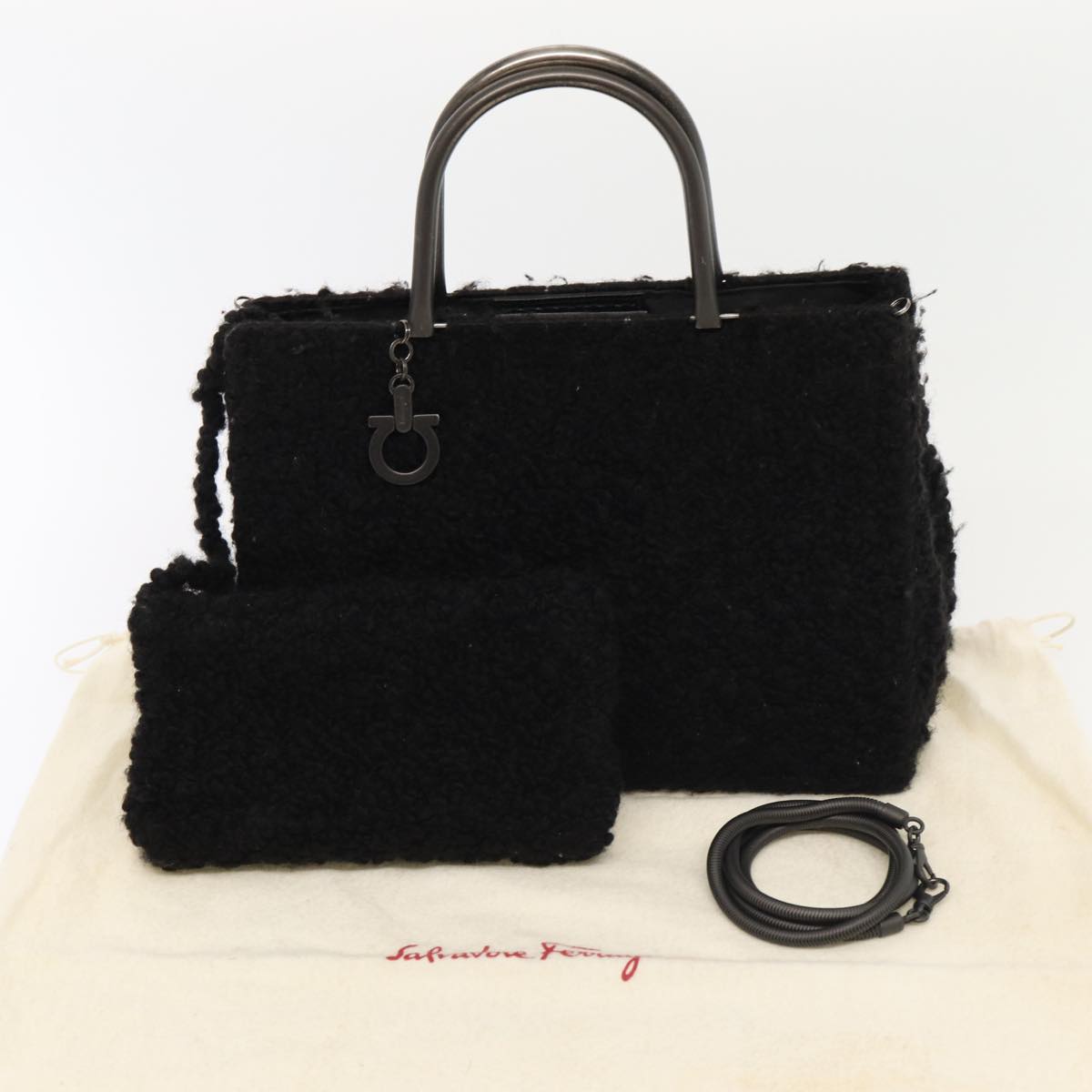 Salvatore Ferragamo Gancini Hand Bag Mouton 2way Black Auth 87661