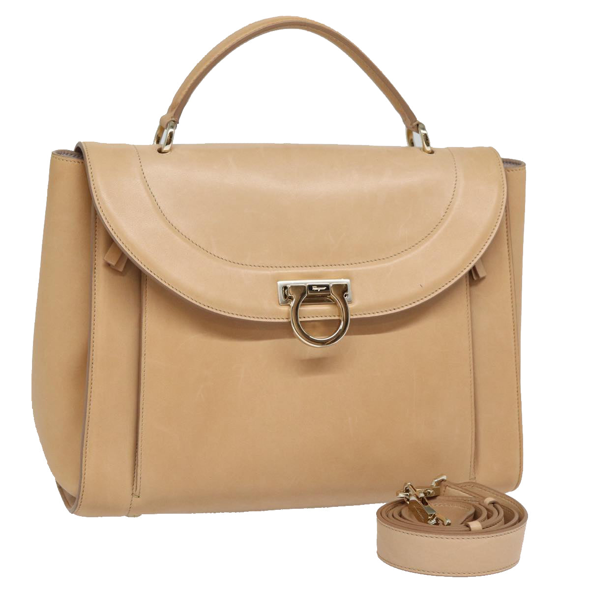 Salvatore Ferragamo Gancini Hand Bag Leather 2way Beige Auth 87663