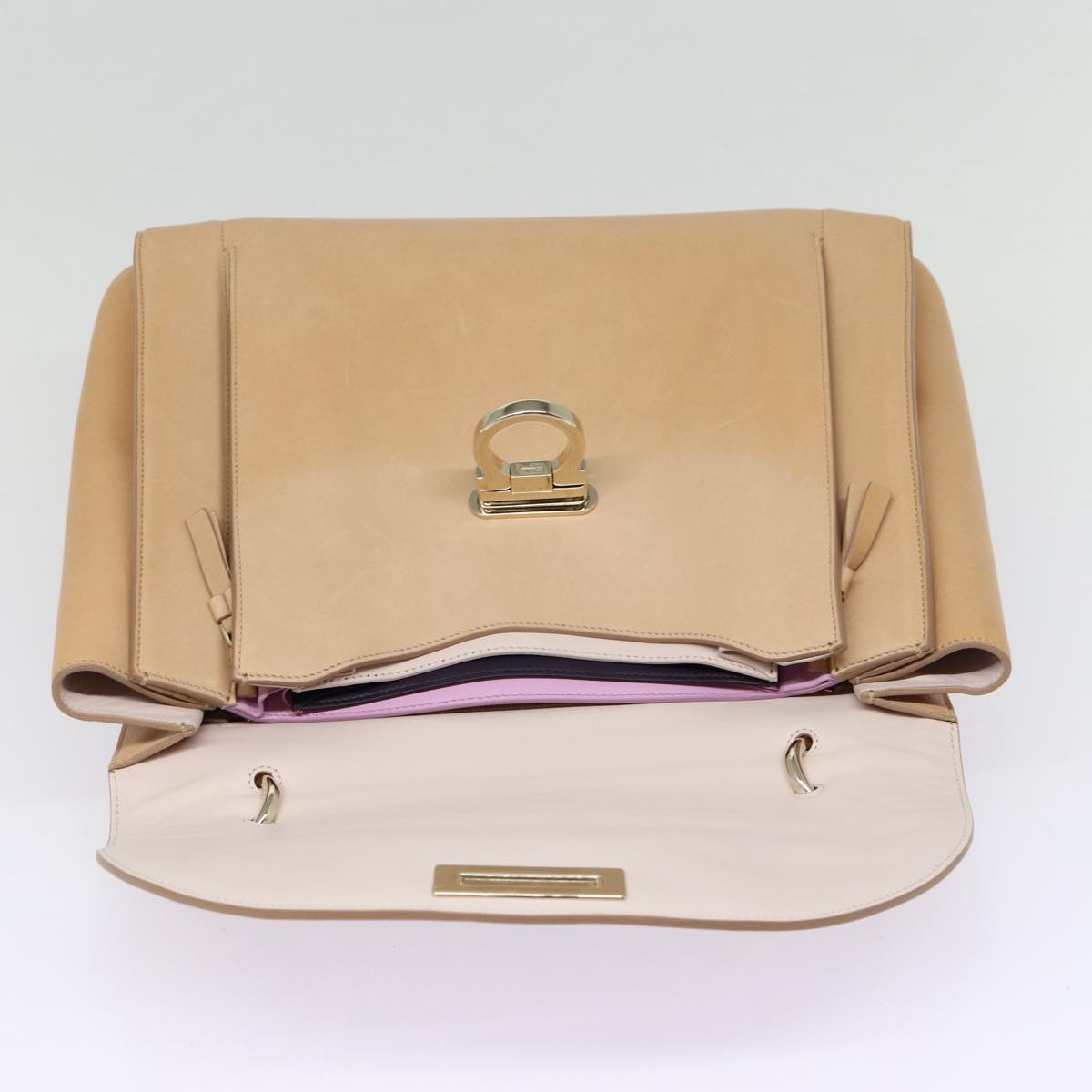 Salvatore Ferragamo Gancini Hand Bag Leather 2way Beige Auth 87663