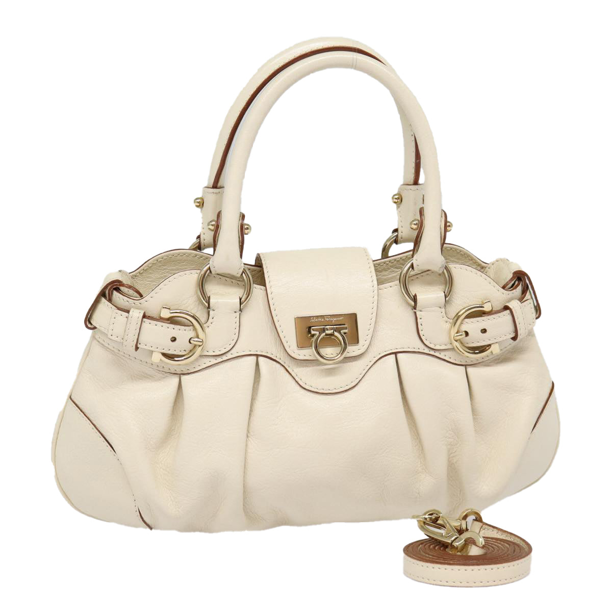 Salvatore Ferragamo Gancini Hand Bag Leather 2way White Auth 87666