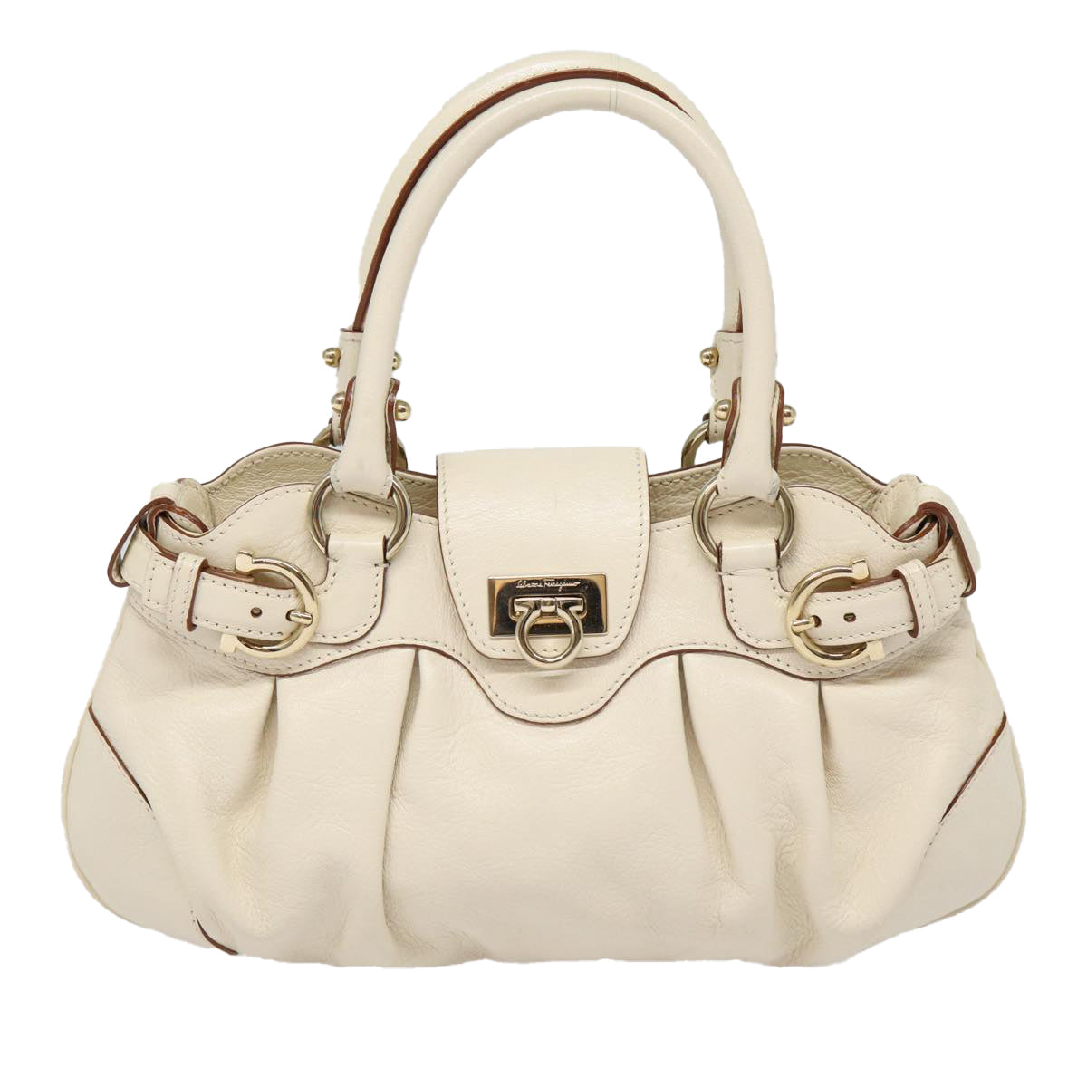 Salvatore Ferragamo Gancini Hand Bag Leather 2way White Auth 87666