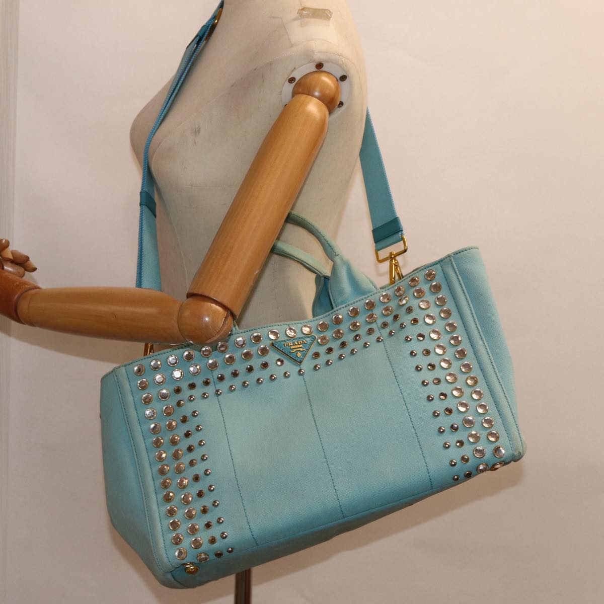 PRADA Canapa GM Hand Bag Canvas 2way Light Blue Auth 87668