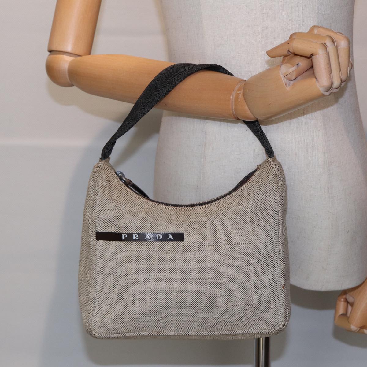 PRADA Hand Bag Canvas Beige Auth 87677