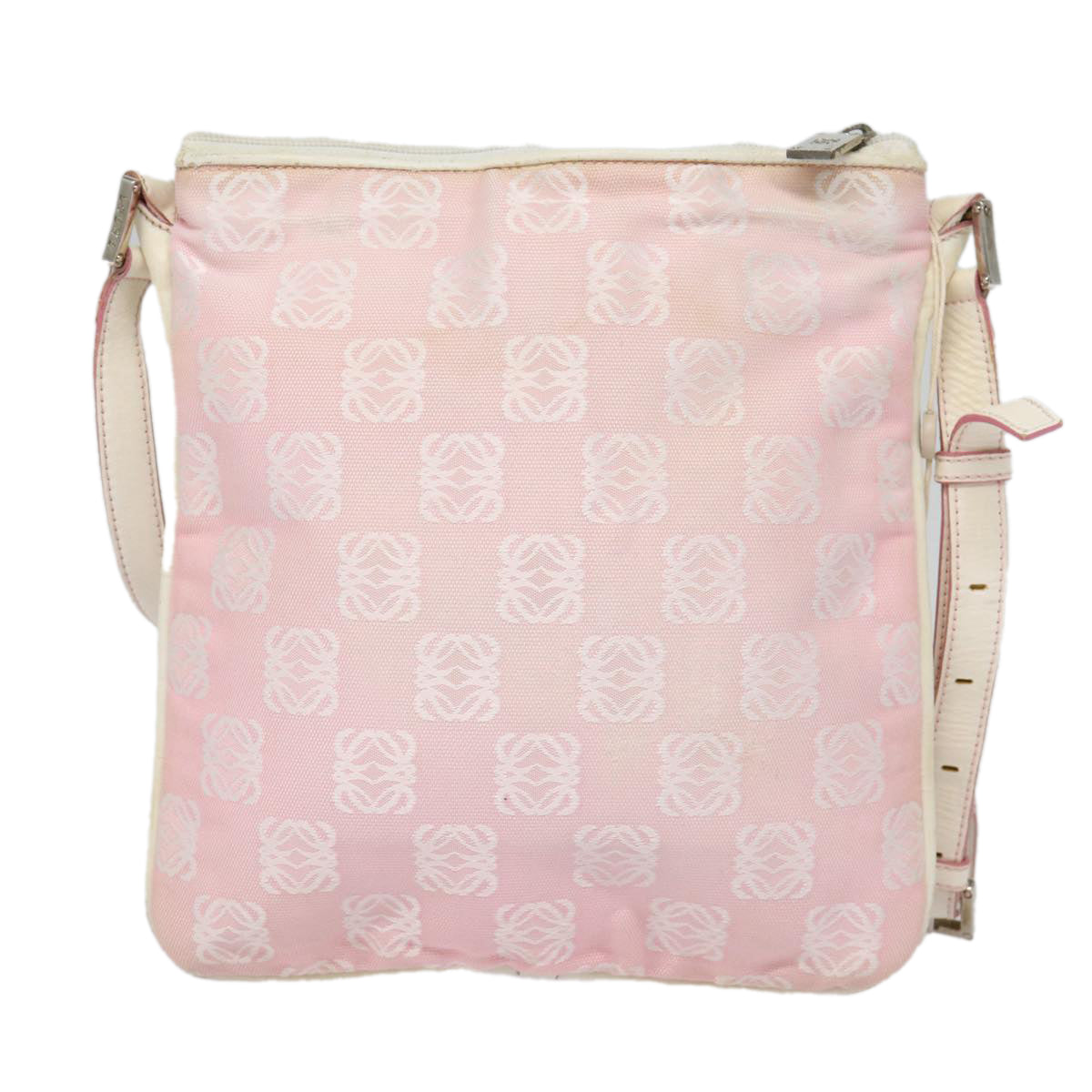 LOEWE Anagram Shoulder Bag Canvas Leather Pink White Silver Auth 87736