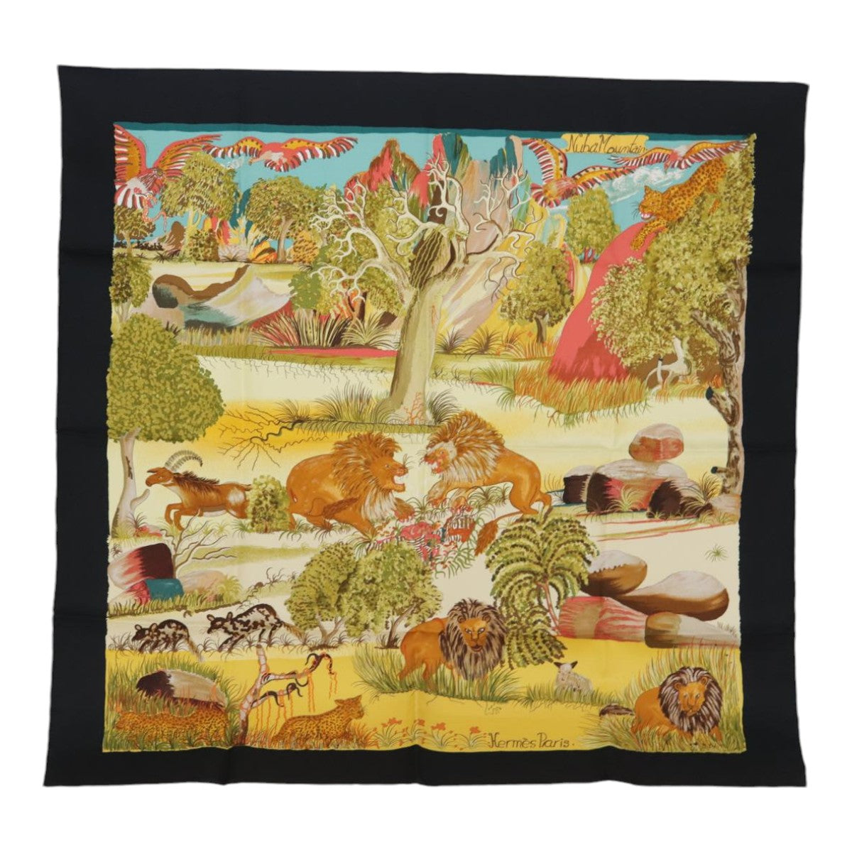 HERMES Carre 90 Scarf ""NUBA MOUNTAIN"" Silk Black Yellow Auth 87738