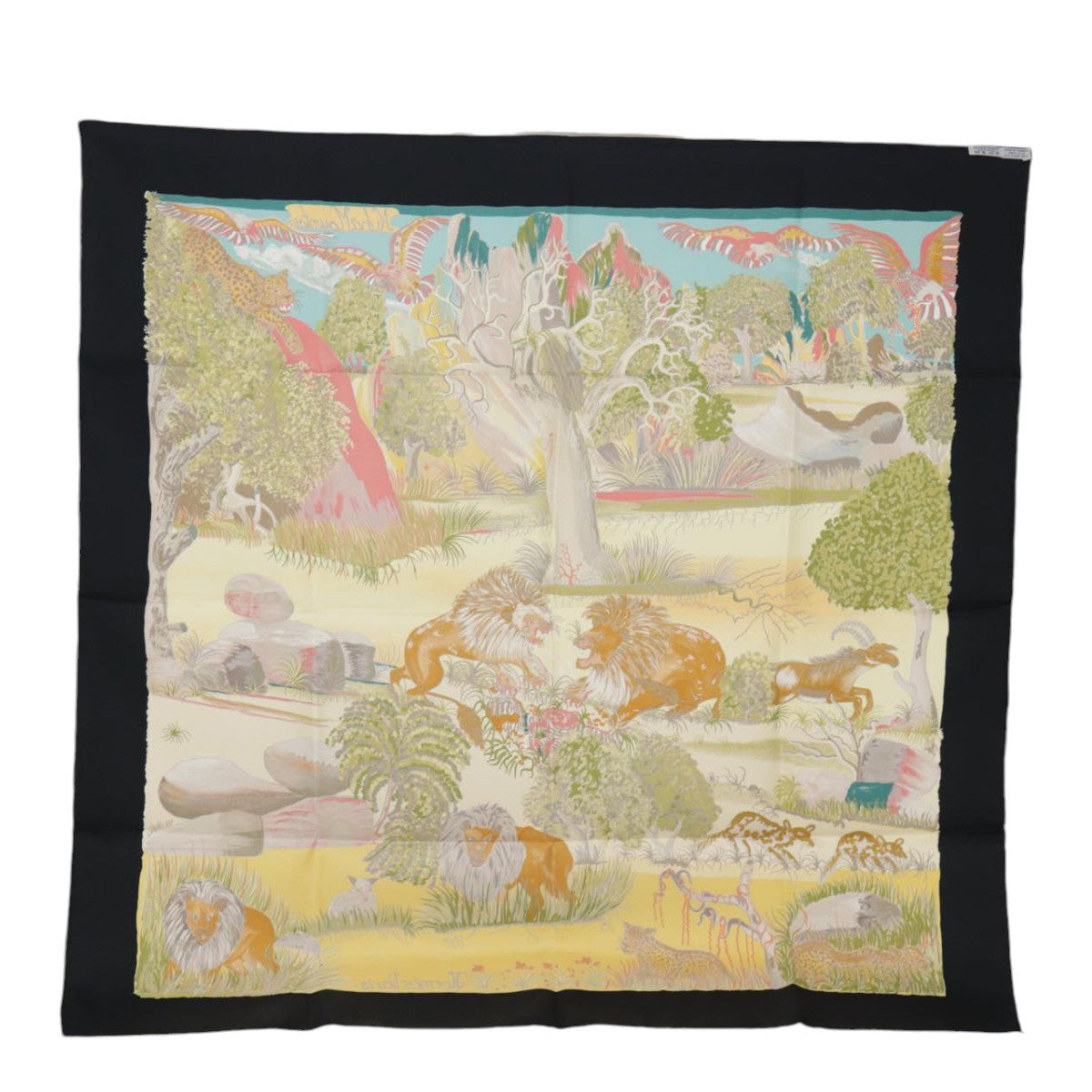 HERMES Carre 90 Scarf ""NUBA MOUNTAIN"" Silk Black Yellow Auth 87738