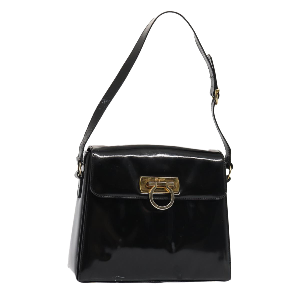 Salvatore Ferragamo Gancini Shoulder Bag Enamel Black Gold Auth 87741
