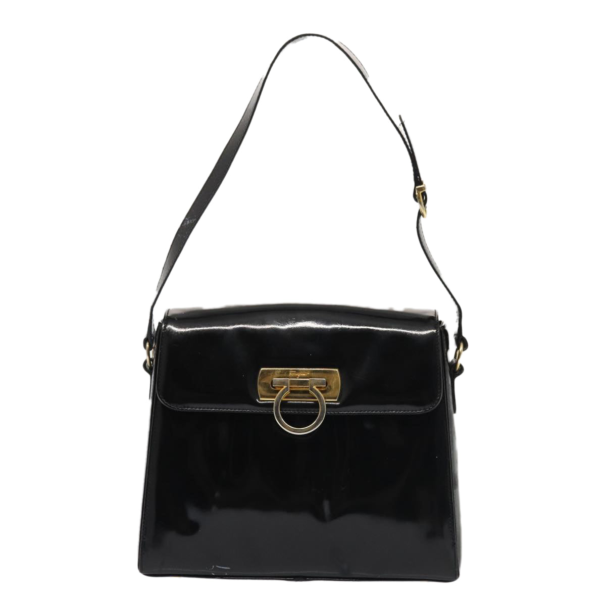 Salvatore Ferragamo Gancini Shoulder Bag Enamel Black Gold Auth 87741