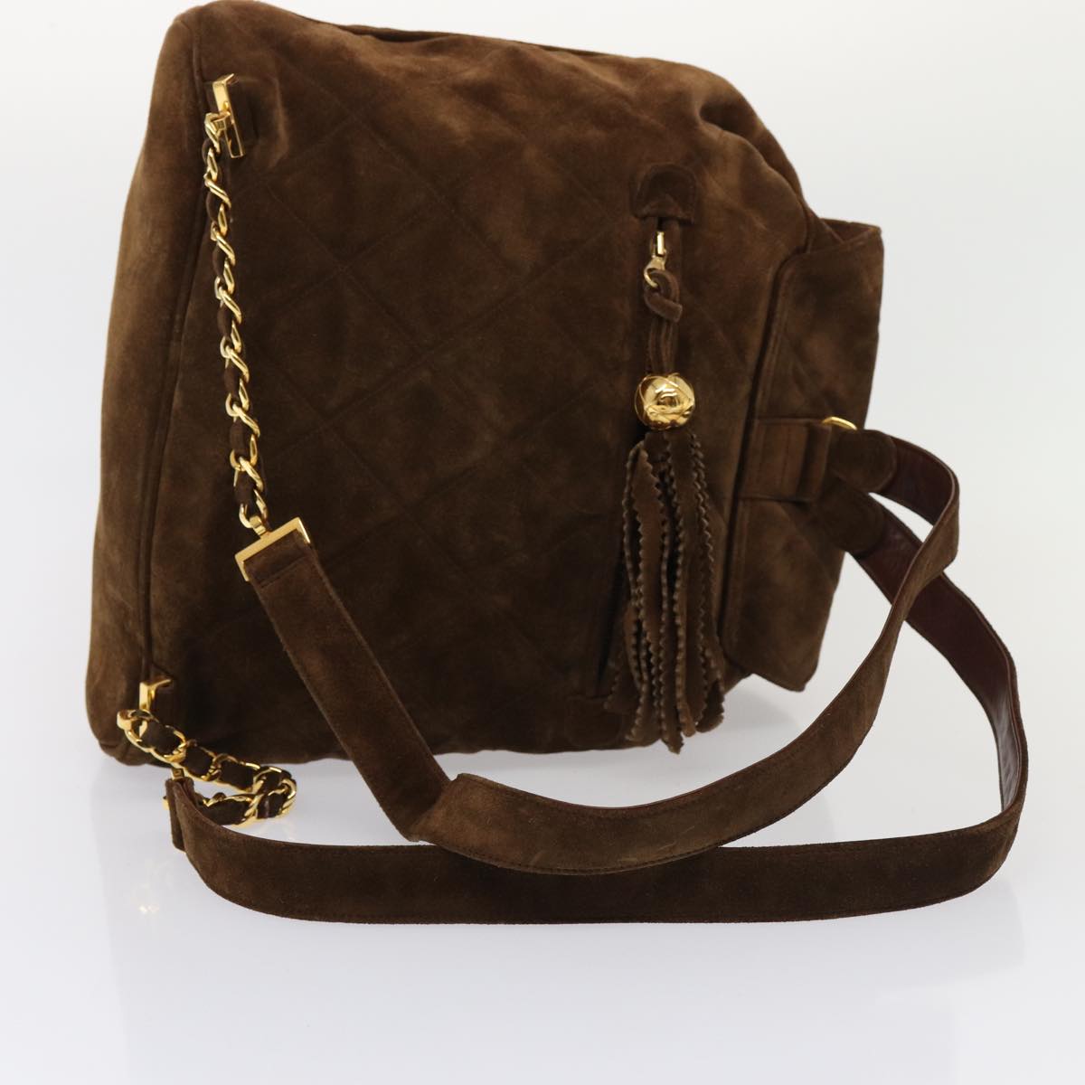 CHANEL Hand Bag Suede Brown Gold CC Auth 87765A