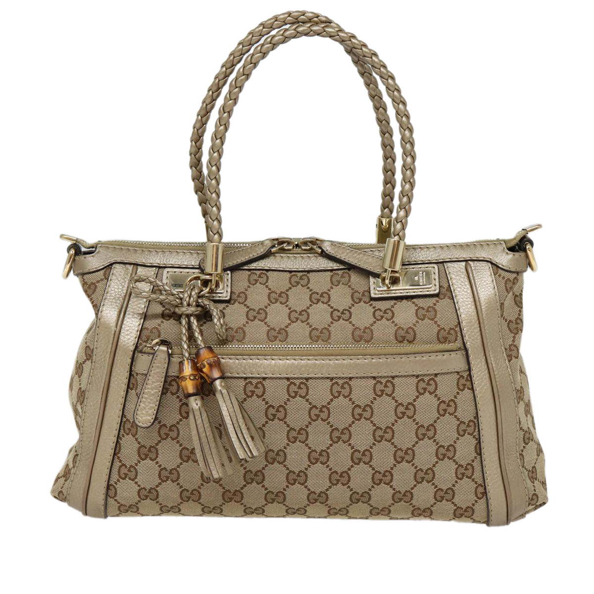 GUCCI GG Canvas Hand Bag Bamboo 2way Beige Gold 282300 Auth 87767