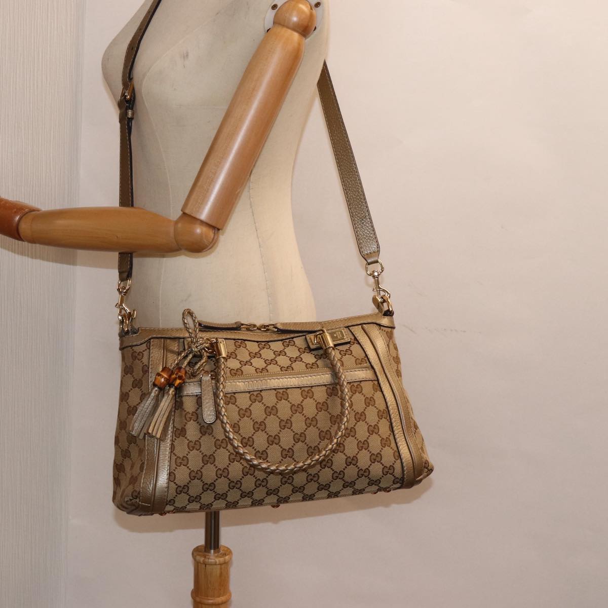 GUCCI GG Canvas Hand Bag Bamboo 2way Beige Gold 282300 Auth 87767