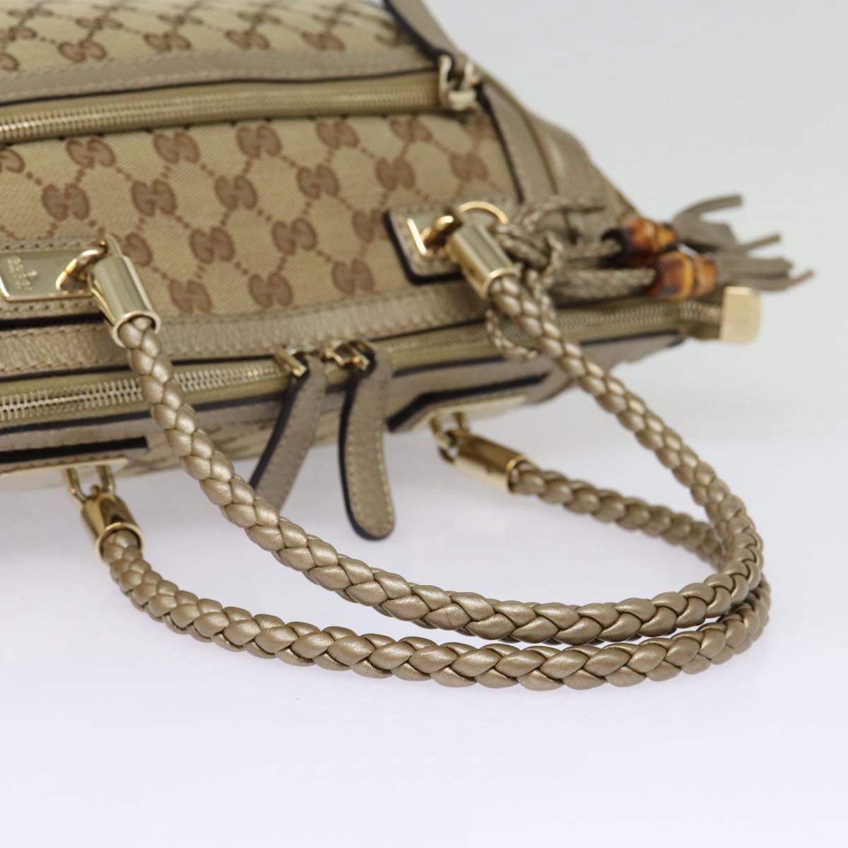 GUCCI GG Canvas Hand Bag Bamboo 2way Beige Gold 282300 Auth 87767