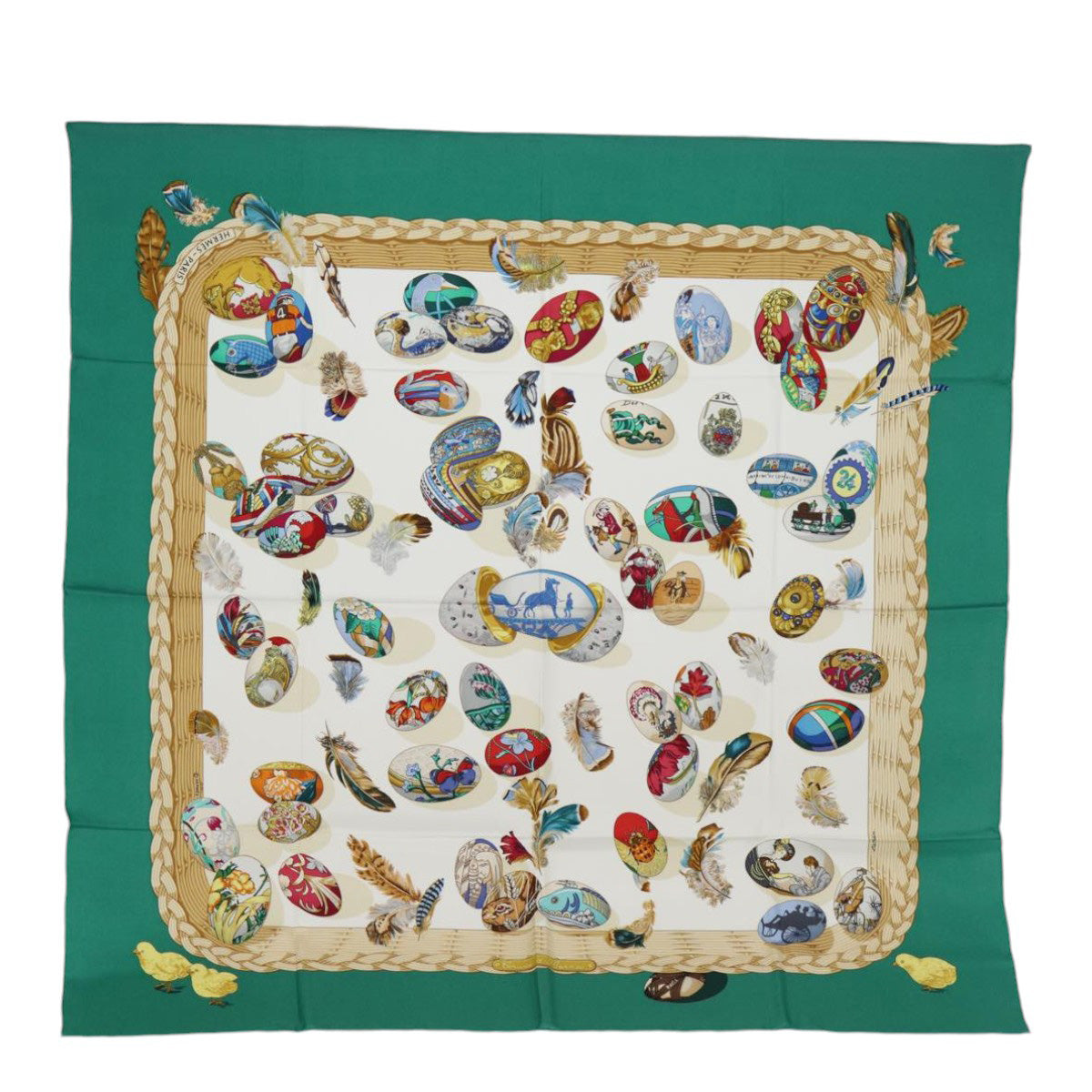 HERMES Carre 90 Scarf Hermes Chicks Silk White Green Auth 87807