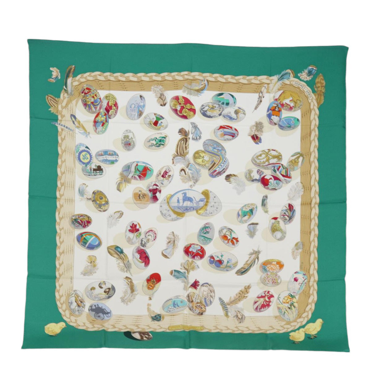 HERMES Carre 90 Scarf Hermes Chicks Silk White Green Auth 87807