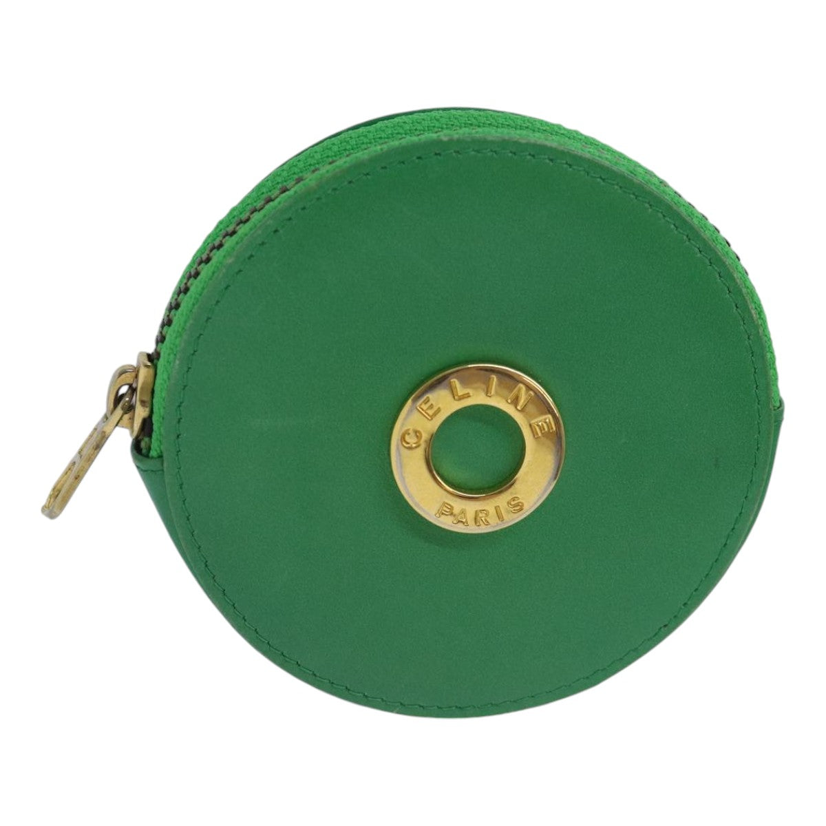 CELINE Coin Purse Leather Green Gold Auth 87854