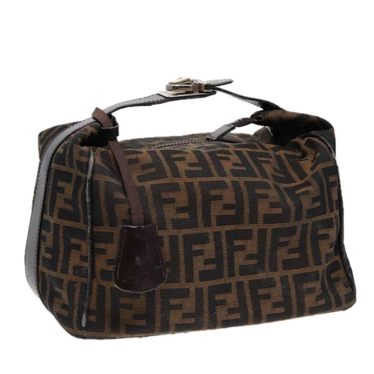 FENDI Zucca Canvas Vanity Pouch Brown Black Silver Auth 87877