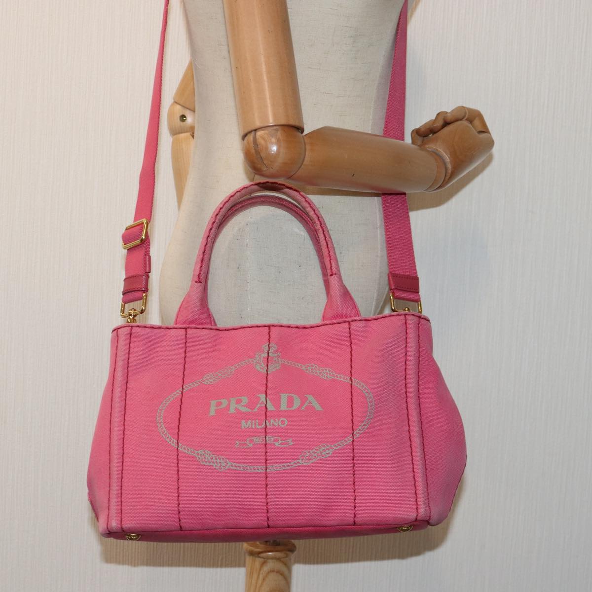 PRADA Canapa PM Hand Bag Canvas 2way Pink Gold Auth 87879