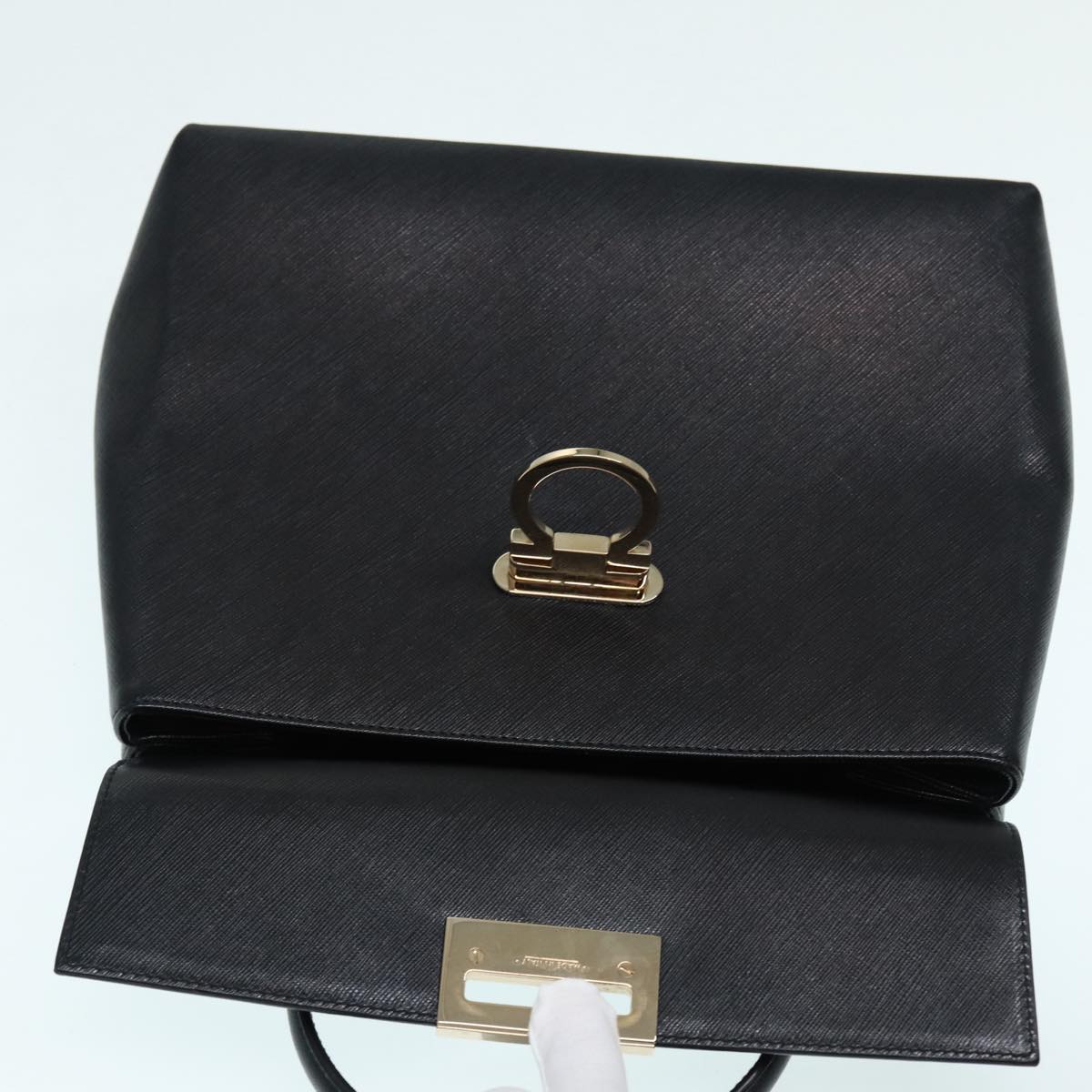 Salvatore Ferragamo Gancini Hand Bag Leather Black Gold Auth 87899