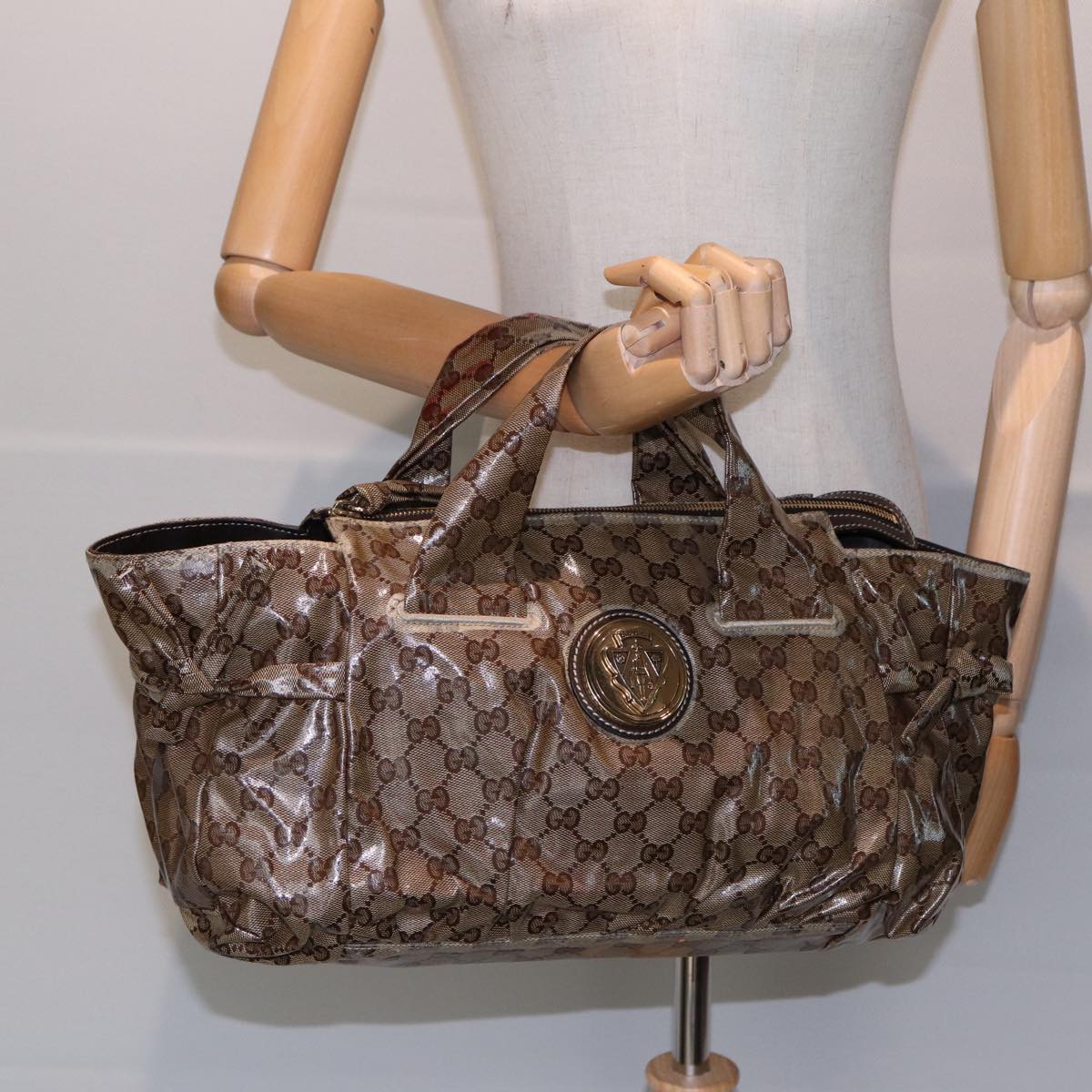 GUCCI GG Crystal Hand Bag Beige Gold 197020 Auth 87904