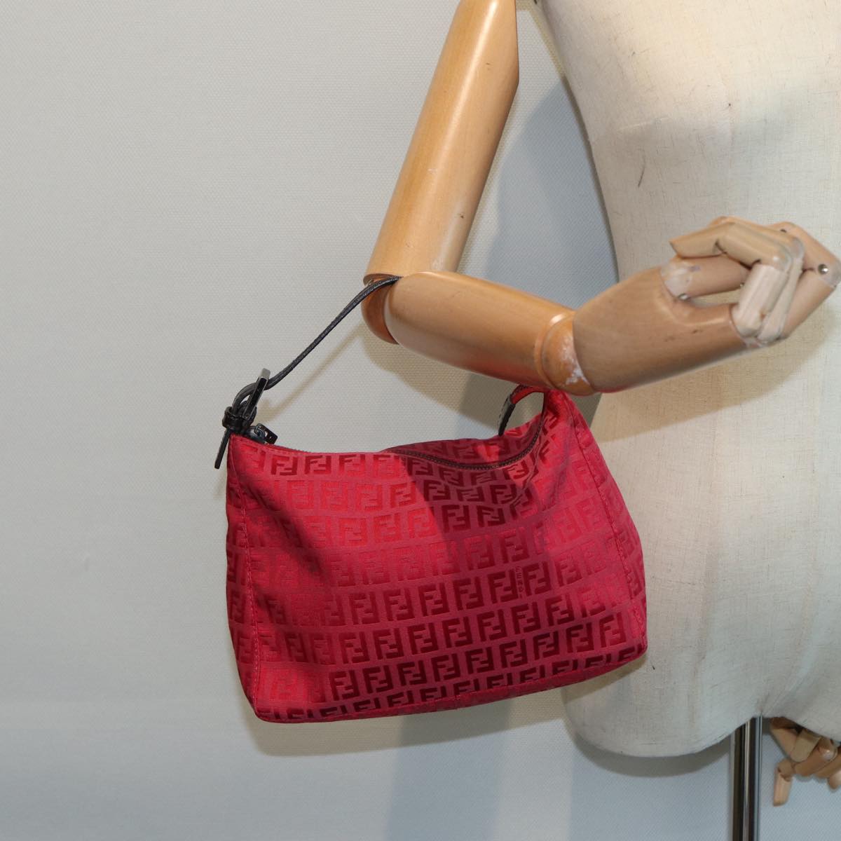 FENDI Zucchino Canvas Hand Bag Red Silver Auth 88077