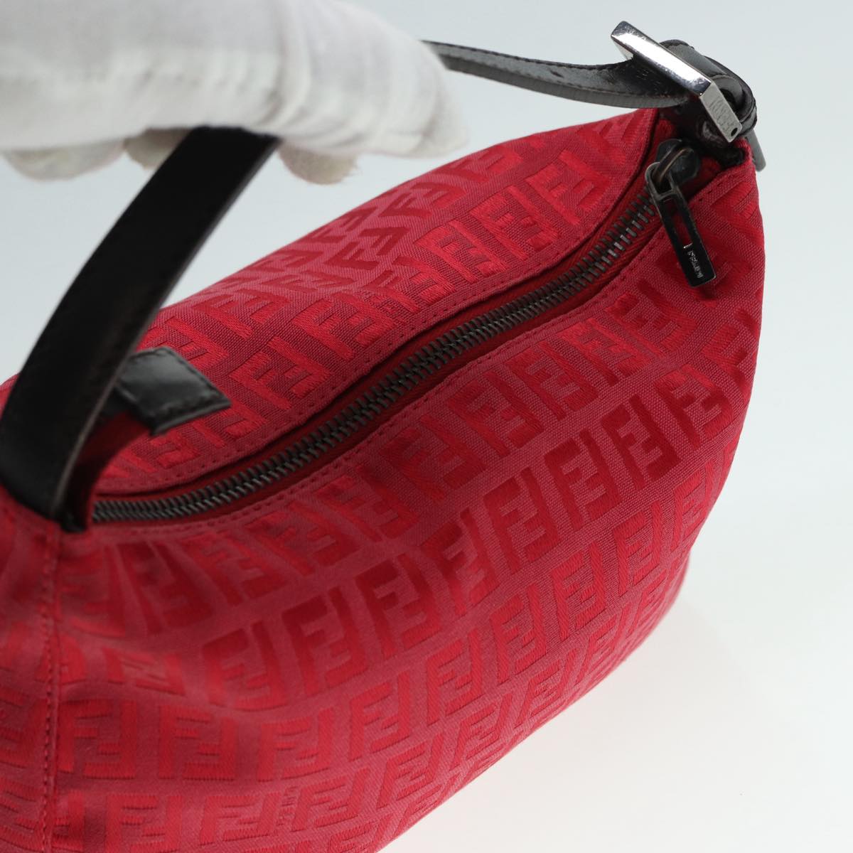 FENDI Zucchino Canvas Hand Bag Red Silver Auth 88077