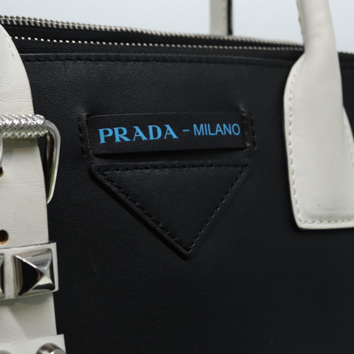 PRADA Hand Bag Leather 2way Black White Silver Auth 88091