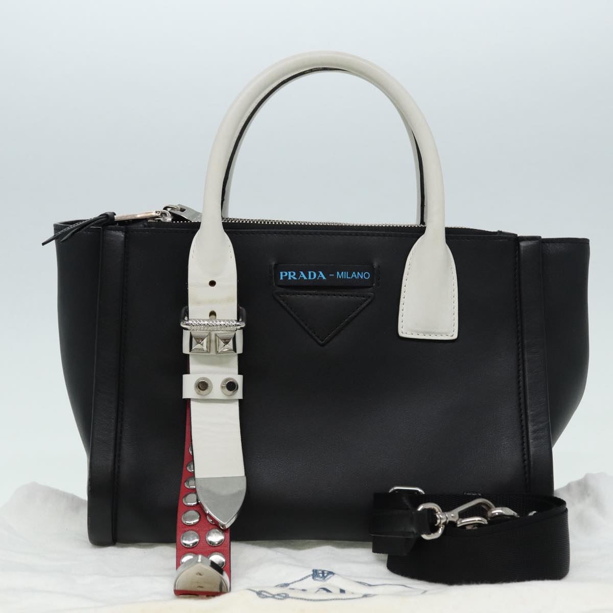 PRADA Hand Bag Leather 2way Black White Silver Auth 88091