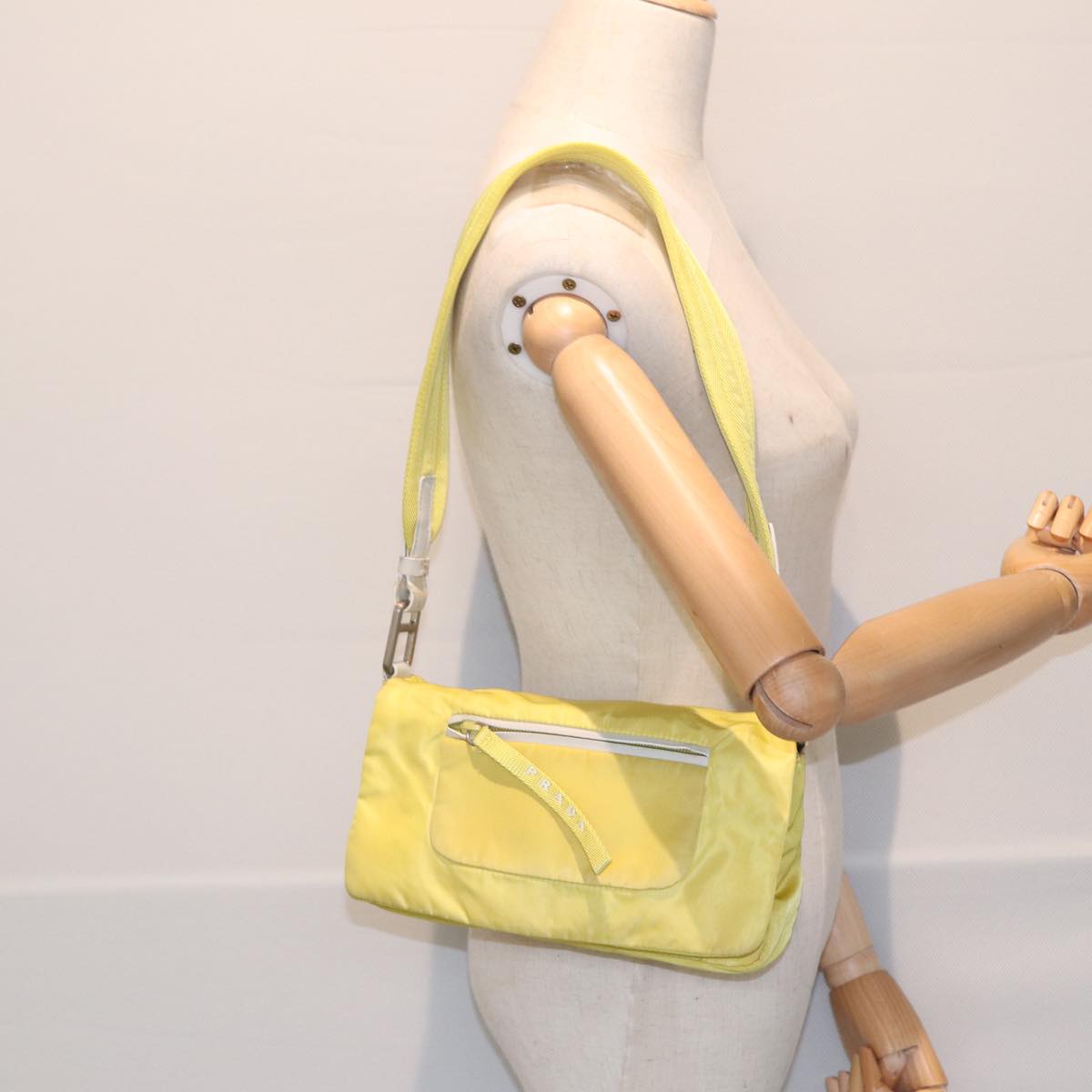 PRADA Shoulder Bag Nylon Yellow Silver Auth 88093