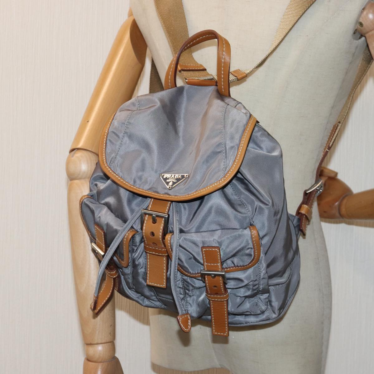 PRADA Backpack Nylon Leather Purple Gray Silver Auth 88095