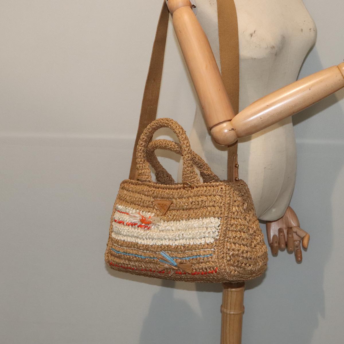 PRADA Canapa Hand Bag Raffia 2way Beige Gold Auth 88099