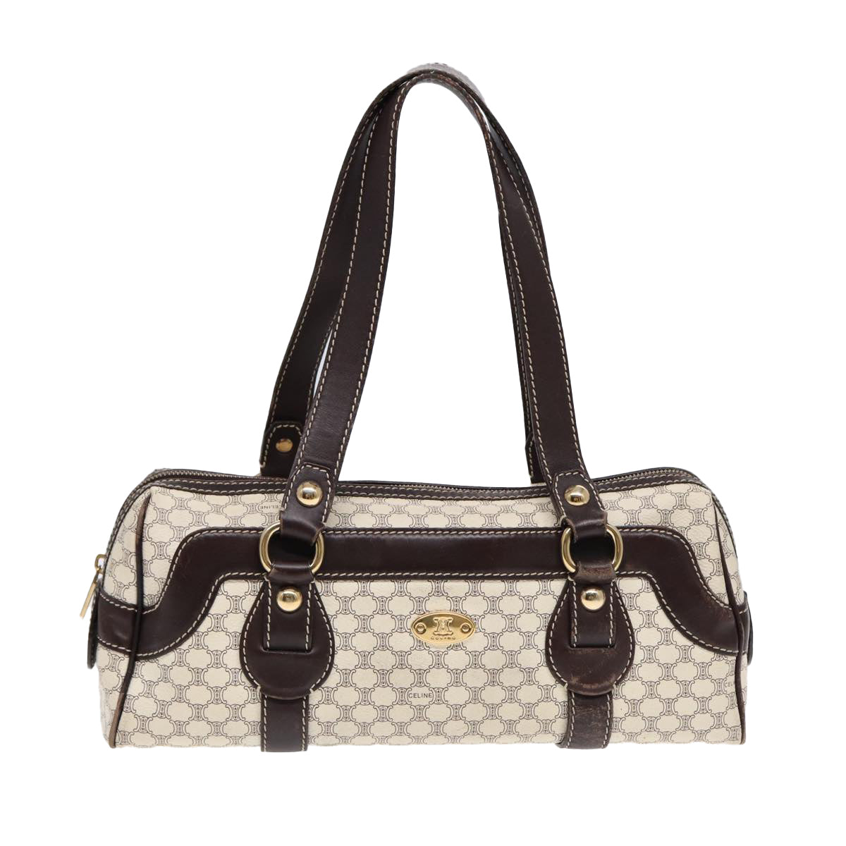 CELINE Macadam Canvas Hand Bag PVC White Gold Auth 88108