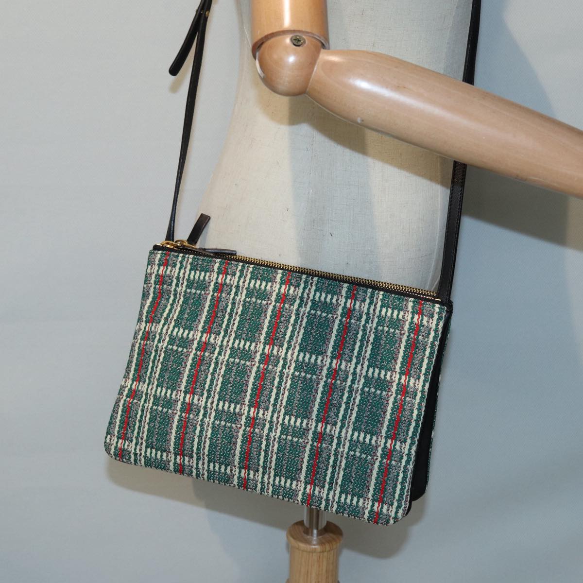 CELINE Trio Large Shoulder Bag Canvas Green Gold Auth 88114V