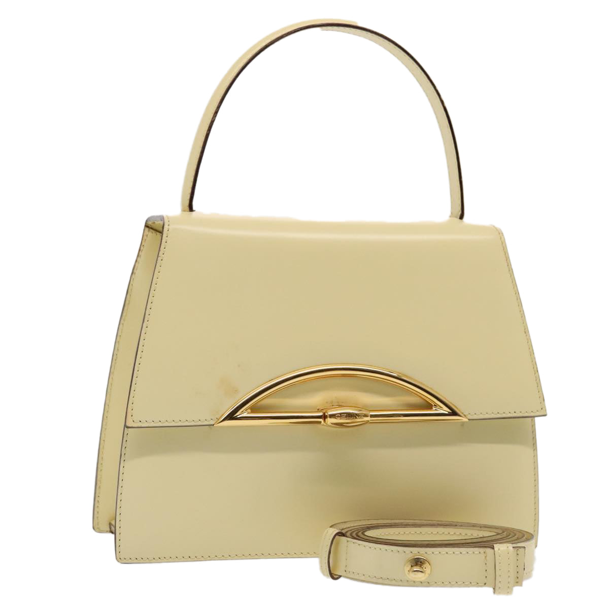 CELINE Hand Bag Leather 2way Cream Gold Auth 88115