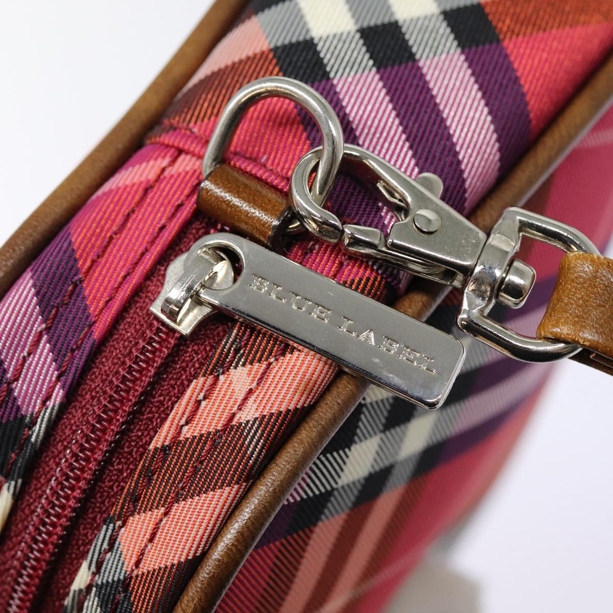 BURBERRY Nova Check Blue Label Hand Bag Nylon Red Silver Auth 88124