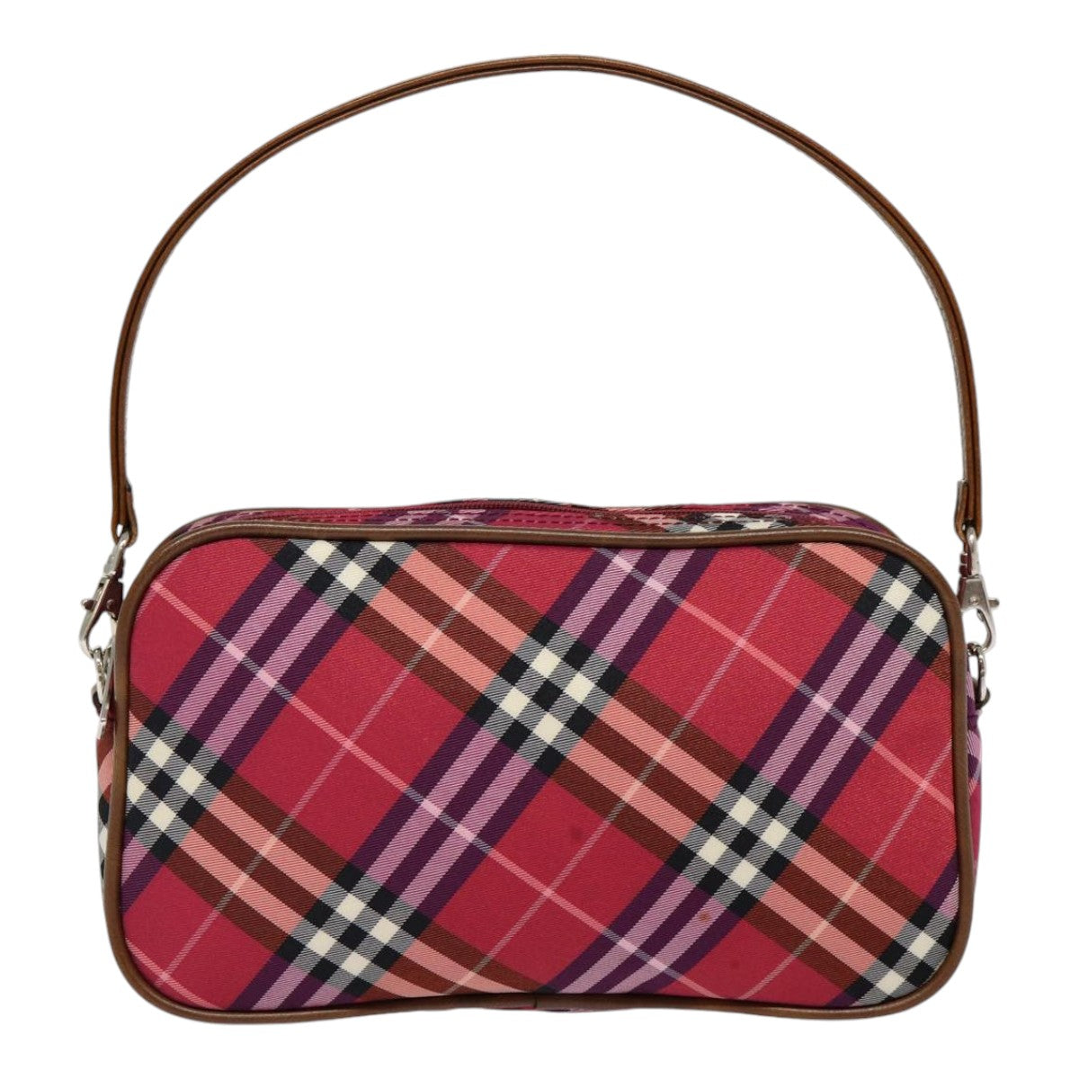 BURBERRY Nova Check Blue Label Hand Bag Nylon Red Silver Auth 88124