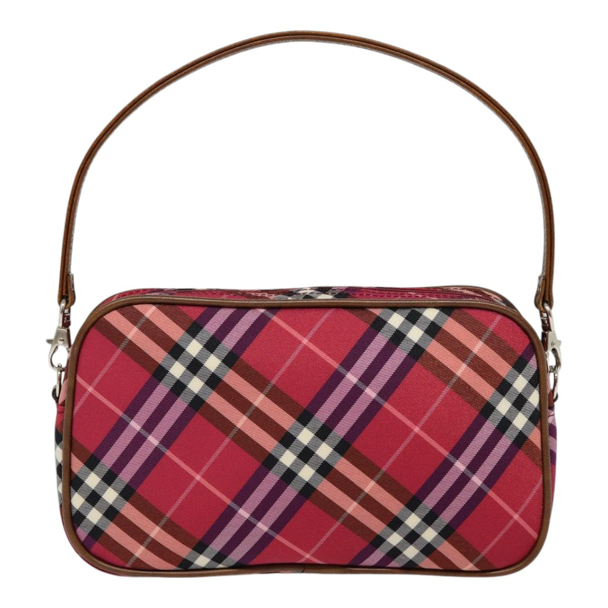 BURBERRY Nova Check Blue Label Hand Bag Nylon Red Silver Auth 88124