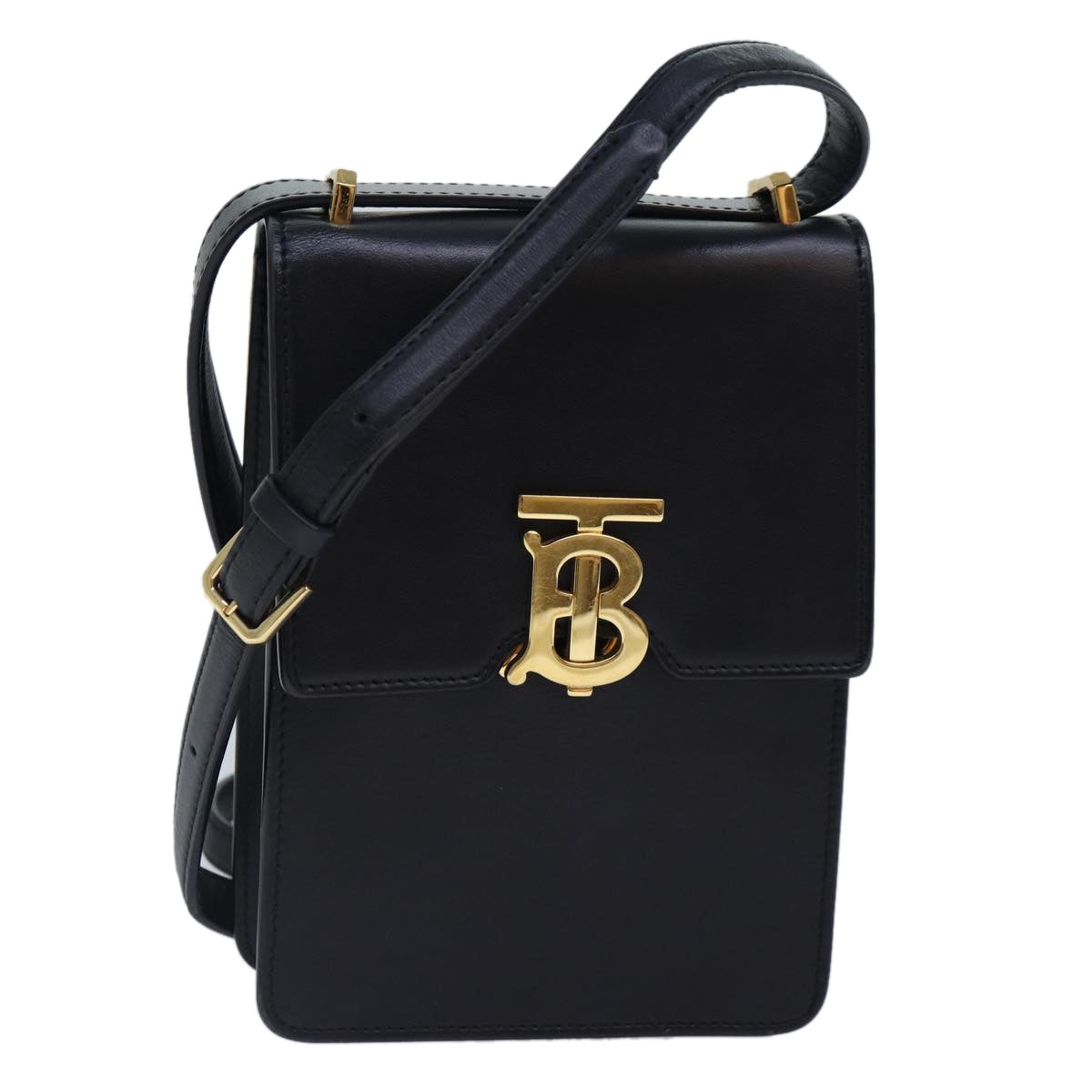 BURBERRY Shoulder Bag Leather Black Gold Auth 88126