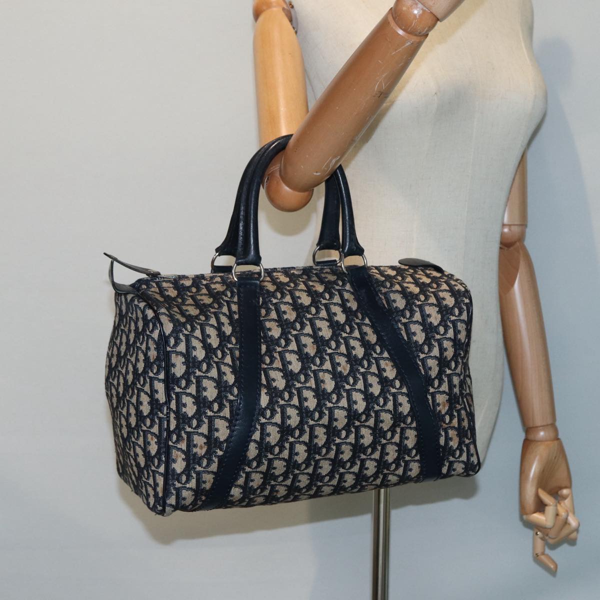 Christian Dior Trotter Canvas Hand Bag Navy Silver Auth 88132