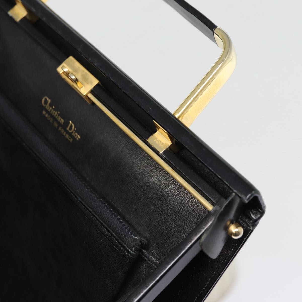 Christian Dior Hand Bag Leather Black Gold Auth 88135