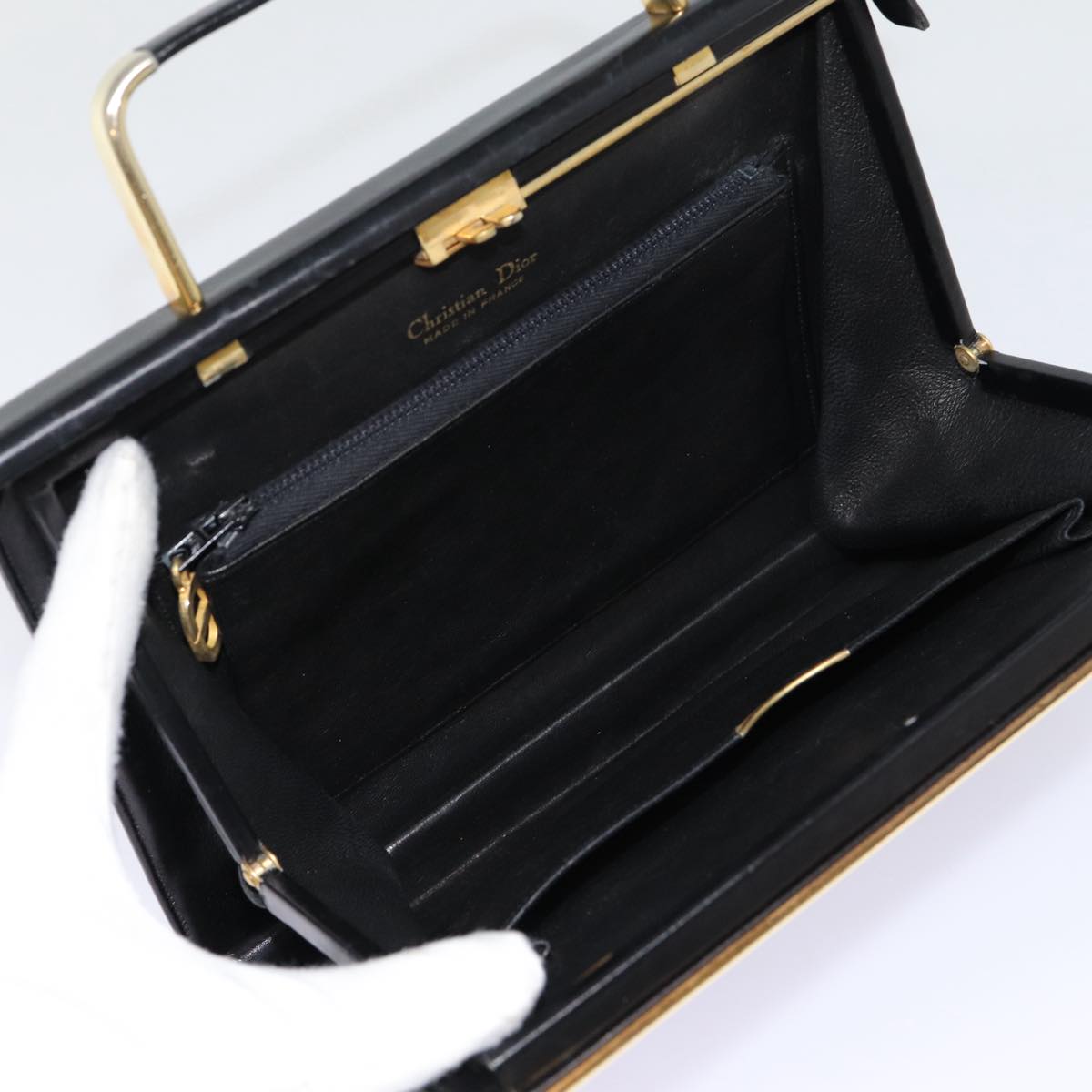 Christian Dior Hand Bag Leather Black Gold Auth 88135