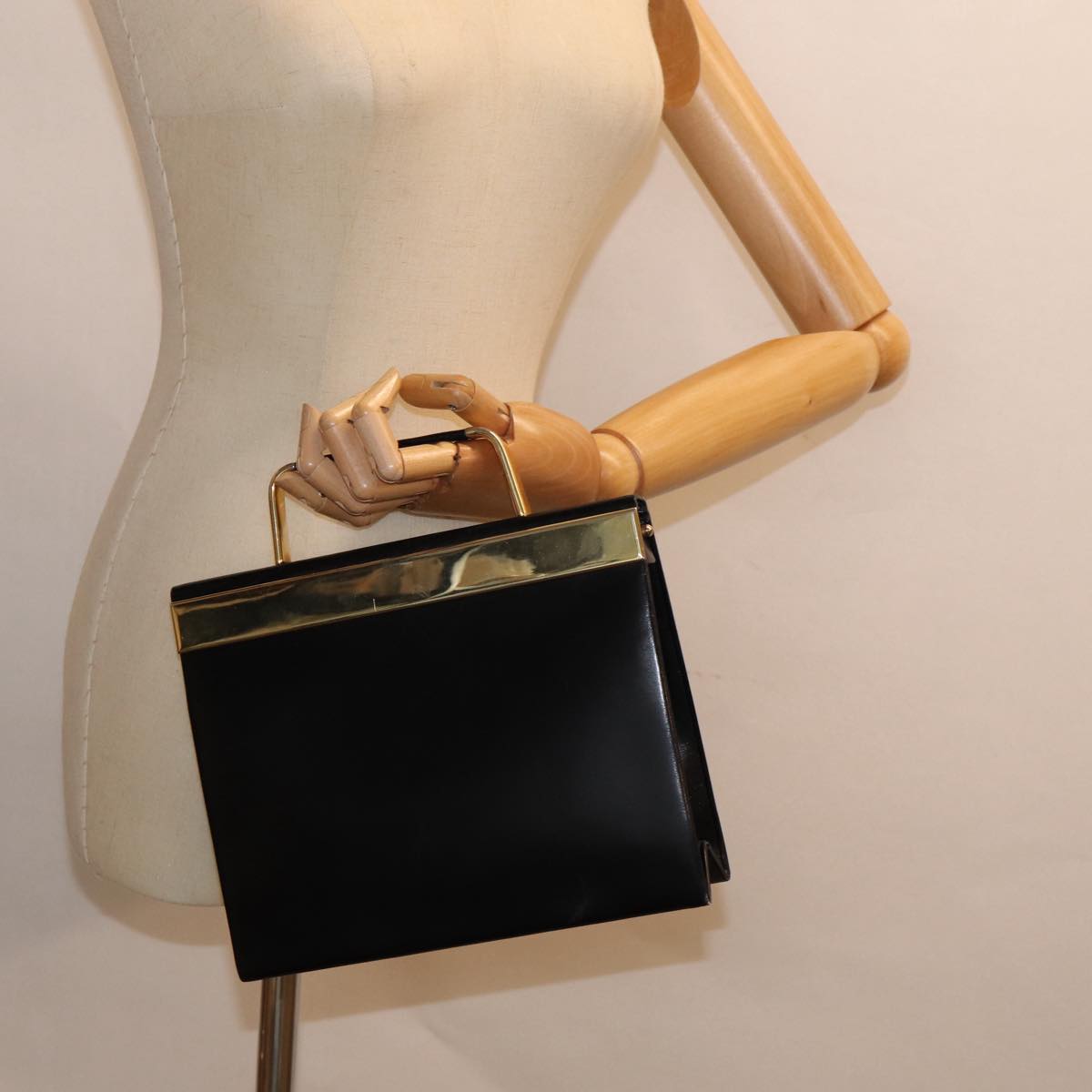 Christian Dior Hand Bag Leather Black Gold Auth 88135