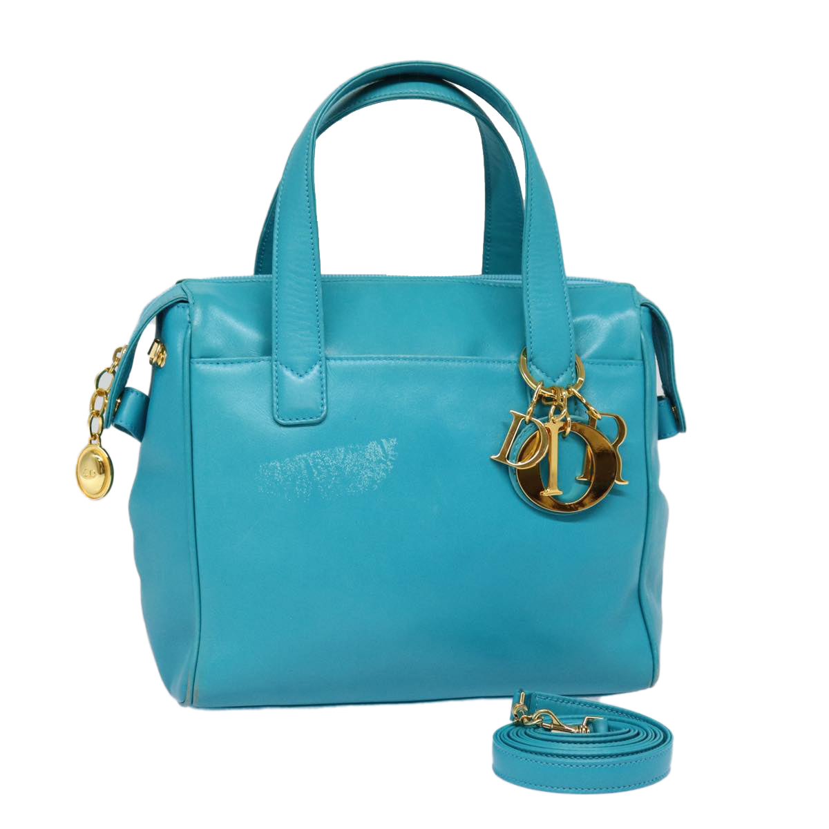 Christian Dior Hand Bag Leather 2way Turquoise Blue Gold Auth 88136