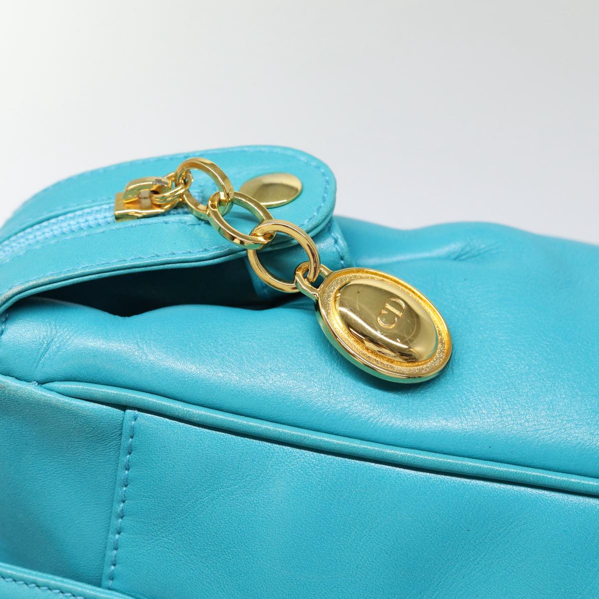 Christian Dior Hand Bag Leather 2way Turquoise Blue Gold Auth 88136