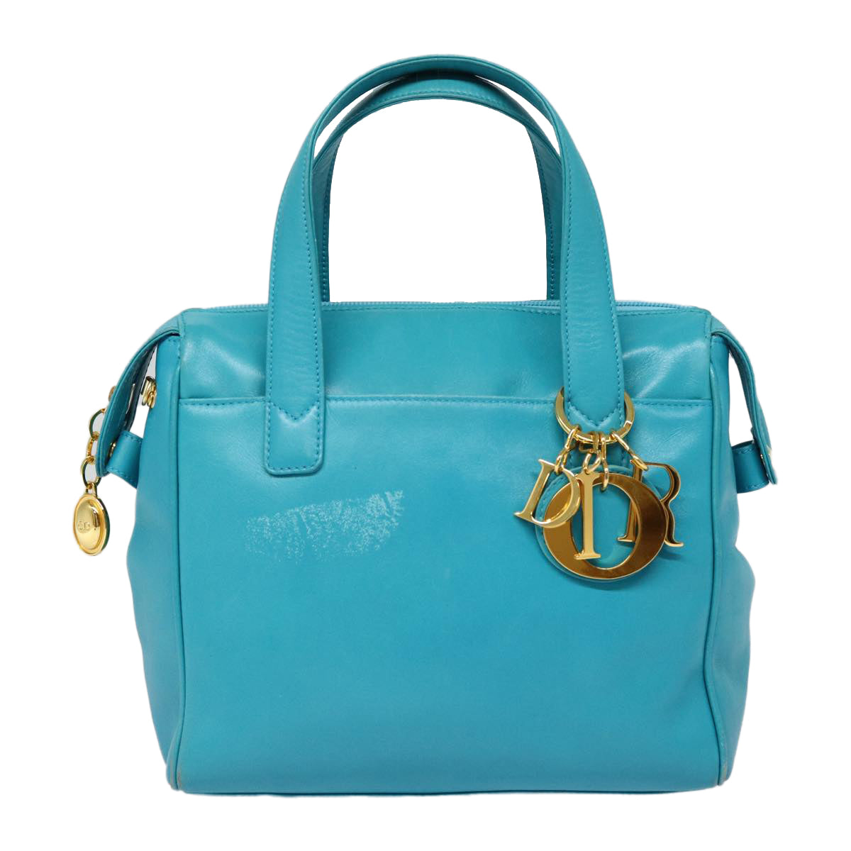 Christian Dior Hand Bag Leather 2way Turquoise Blue Gold Auth 88136