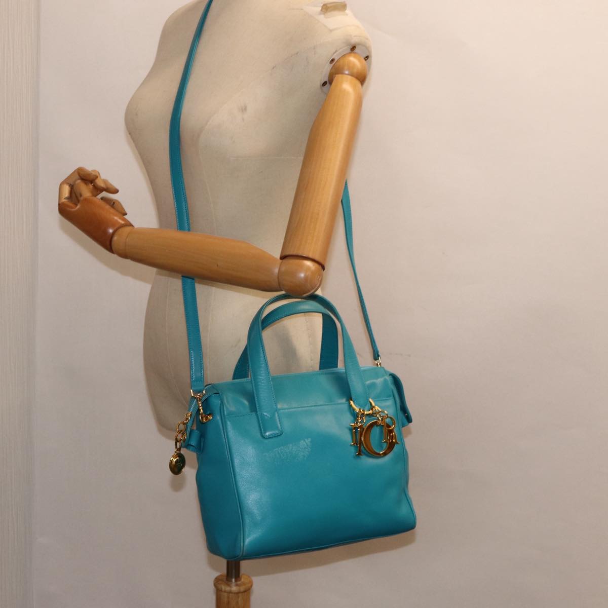 Christian Dior Hand Bag Leather 2way Turquoise Blue Gold Auth 88136