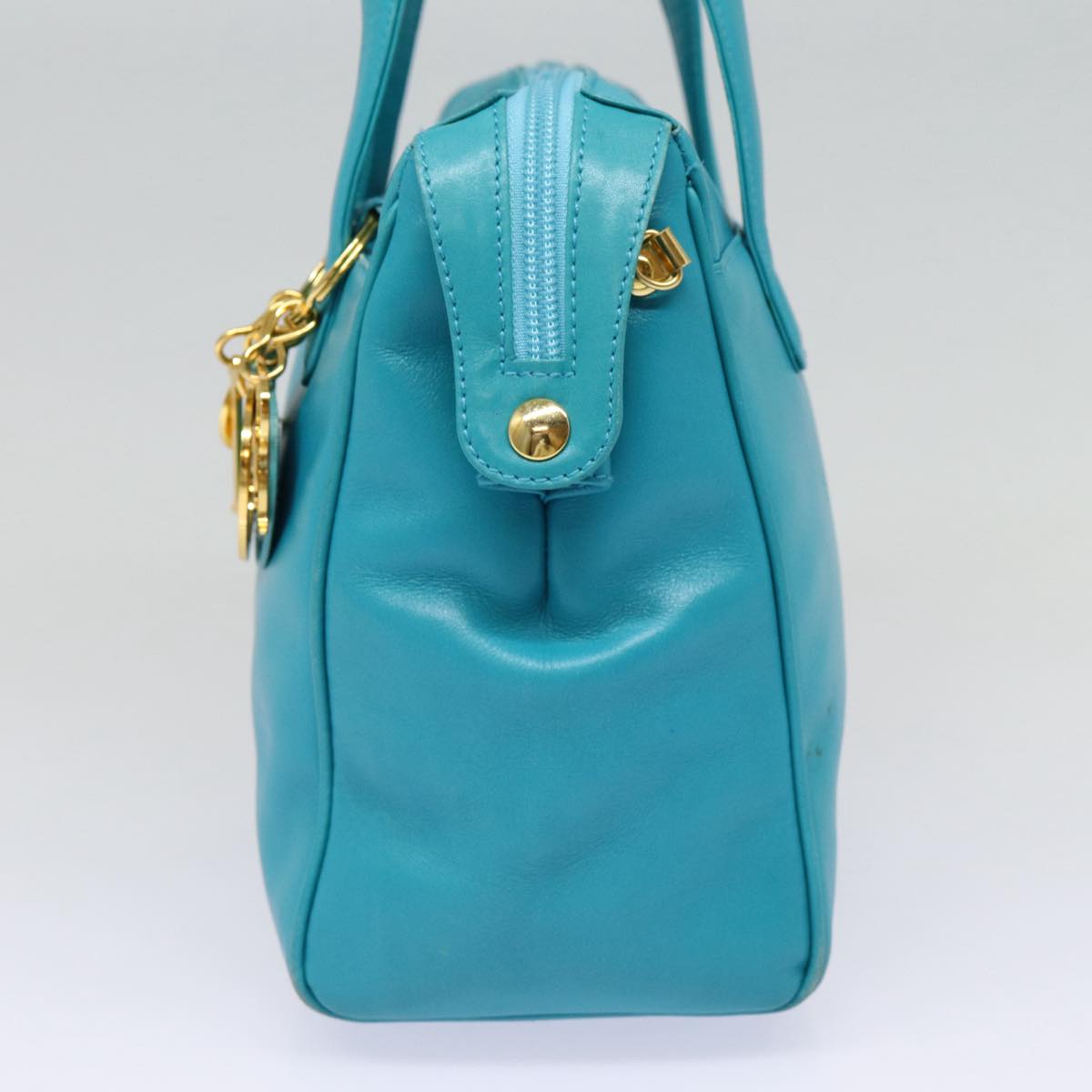 Christian Dior Hand Bag Leather 2way Turquoise Blue Gold Auth 88136