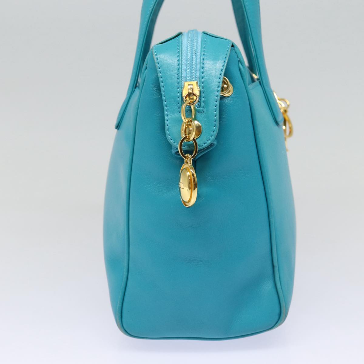 Christian Dior Hand Bag Leather 2way Turquoise Blue Gold Auth 88136