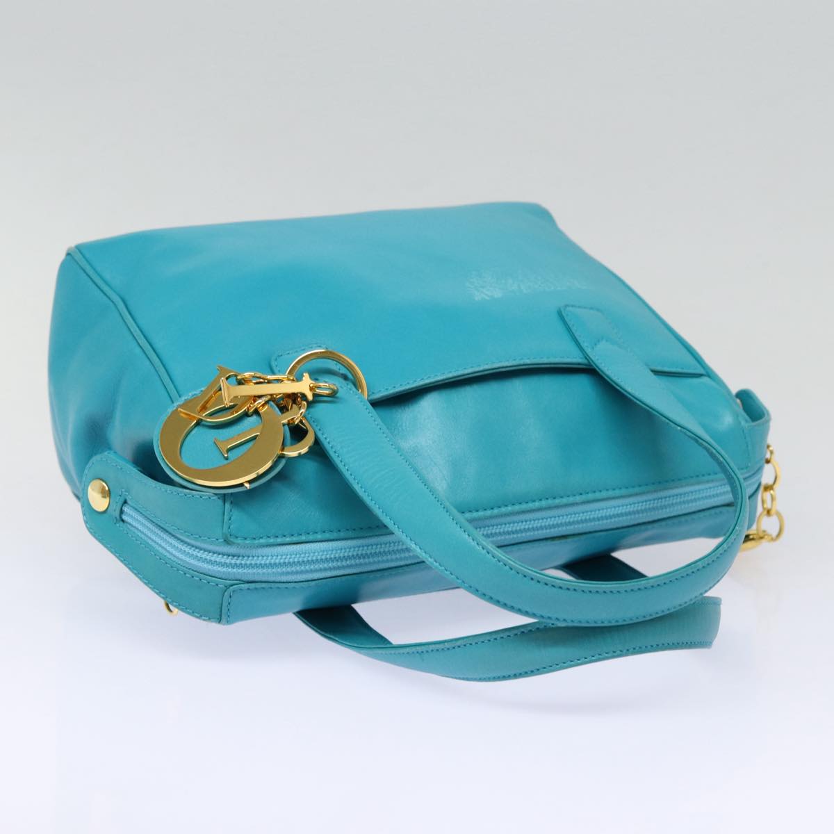 Christian Dior Hand Bag Leather 2way Turquoise Blue Gold Auth 88136