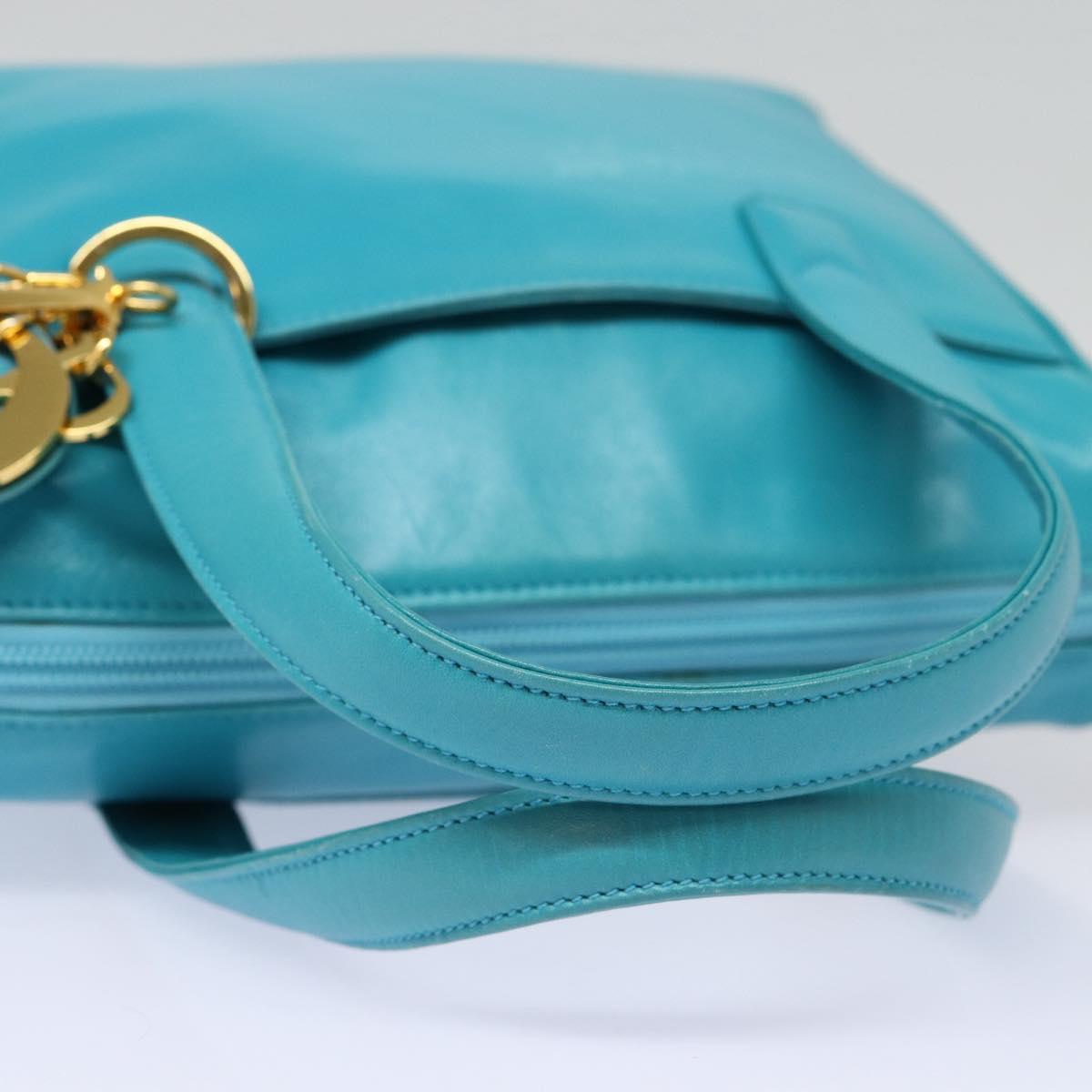 Christian Dior Hand Bag Leather 2way Turquoise Blue Gold Auth 88136